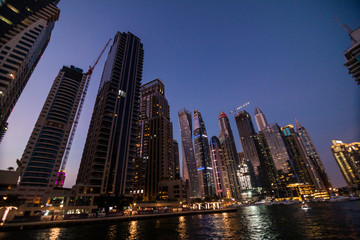 Plakat Dubai, UAE - October, 2018. Skycrapers at Dubai Marina. Dubai marina at night night cityscape lights