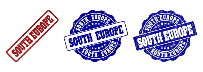 SOUTH EUROPE grunge stamp seals in red and blue colors. Vector SOUTH EUROPE labels with draft surface. Graphic elements are rounded rectangles, rosettes, circles and text labels.