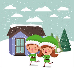 couple santa helpers in snowscape