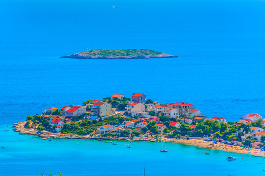 Sevid landscape island Dalmatia. / Aerial view small picturesque town Sevid in Dalmatia region, Croatia, summer travel places.