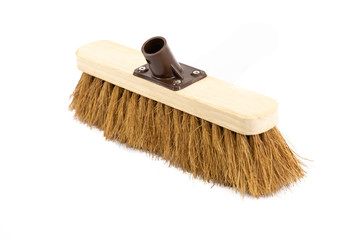 Sweeping brush, wood with natural bristles. for sweeping and cleaning. on white background high key 