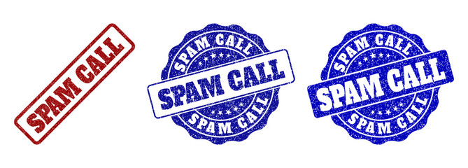 SPAM CALL grunge stamp seals in red and blue colors. Vector SPAM CALL marks with grunge texture. Graphic elements are rounded rectangles, rosettes, circles and text captions.