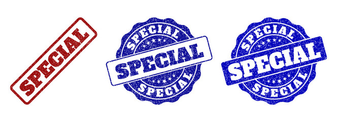 SPECIAL grunge stamp seals in red and blue colors. Vector SPECIAL imprints with grunge style. Graphic elements are rounded rectangles, rosettes, circles and text tags.