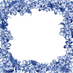 Hand drawn charcoal pencil blue flowers of the pulm blossoms and leaves, petals and buds in vintage style on a white background. Lacy spring frame