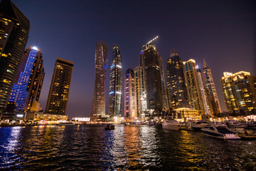 Dubai, UAE - October, 2018. Skycrapers at Dubai Marina. Dubai marina at night night cityscape lights
