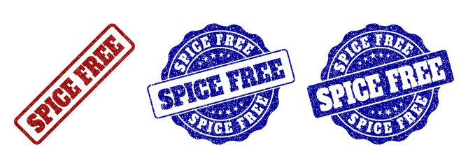 SPICE FREE grunge stamp seals in red and blue colors. Vector SPICE FREE labels with grunge texture. Graphic elements are rounded rectangles, rosettes, circles and text tags.