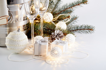 Champagne and Christmas and New Year decorations
