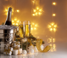 Champagne and Christmas and New Year decorations
