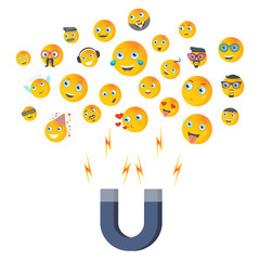The concept of attracting success and likes. Magnet attracting likes, followers, visitors, partners and reaction smileys in social networks. Vector illustration.