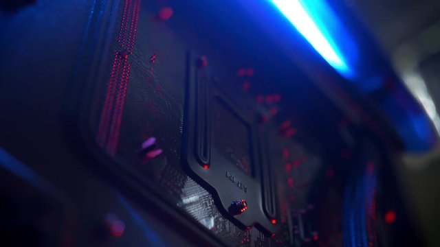 Close-up shooting of details inside personal computer, connected all inside, processor, electronic equipment