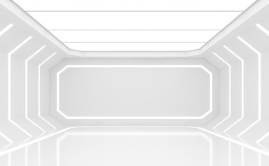 Sci-fi space interior 3d render,The room has glossy floor and hidden light on wall.End of the room have white board with light border for your text.