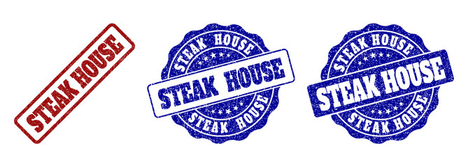STEAK HOUSE grunge stamp seals in red and blue colors. Vector STEAK HOUSE signs with grunge effect. Graphic elements are rounded rectangles, rosettes, circles and text captions.