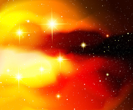 Vector illustration. Shining stars. Fantasy. Cosmos; Outdoor space. Orange-red-yellow galaxy and constellations.