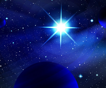 Vector illustration. Shining stars. Fantasy. Cosmos; Outdoor space. Blue system, cold planets, galaxy and constellations.
