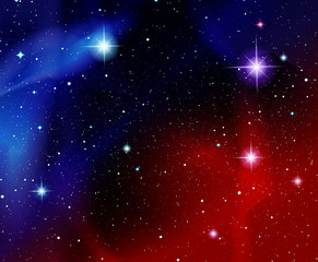 Vector illustration. Shining stars. Fantasy. Cosmos; Outdoor space. Red and blue galaxies and constellations.