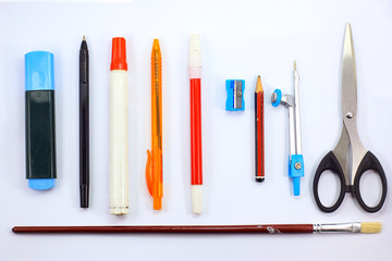 top view school stuff on white