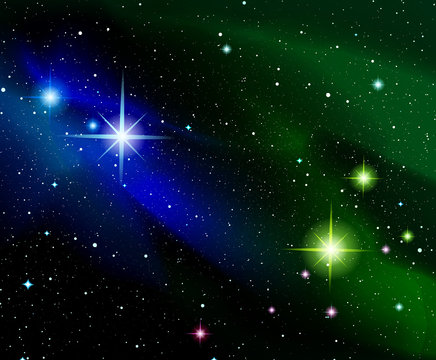 Vector illustration. Shining stars. Fantasy. Cosmos; Outdoor space. Blue and green galaxies and constellations.
