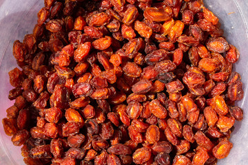 top view on dried cranberry fruit on market for sale. Traditional Turkish food