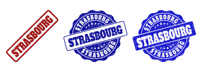 STRASBOURG grunge stamp seals in red and blue colors. Vector STRASBOURG overlays with grunge effect. Graphic elements are rounded rectangles, rosettes, circles and text titles.