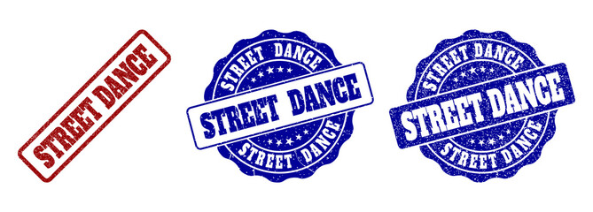 STREET DANCE grunge stamp seals in red and blue colors. Vector STREET DANCE labels with dirty texture. Graphic elements are rounded rectangles, rosettes, circles and text captions.