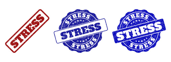 STRESS grunge stamp seals in red and blue colors. Vector STRESS marks with grunge effect. Graphic elements are rounded rectangles, rosettes, circles and text labels.