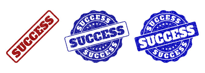 SUCCESS scratched stamp seals in red and blue colors. Vector SUCCESS watermarks with draft texture. Graphic elements are rounded rectangles, rosettes, circles and text tags.