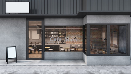 Front view Cafe shop & Restaurant design. Modern Loft metal sheet black. wall concrete,windows black metal frame- 3D render