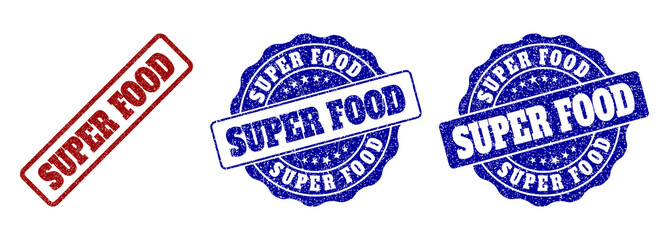 SUPER FOOD grunge stamp seals in red and blue colors. Vector SUPER FOOD labels with dirty effect. Graphic elements are rounded rectangles, rosettes, circles and text labels.