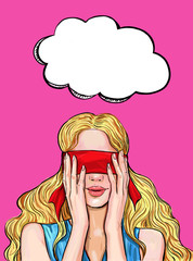 Girl with eyes closed, red bandage. Illustration in pop art style