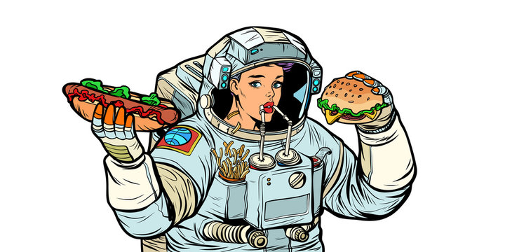 Woman Astronaut Eats. Cola, Hot Dog And Burger Fast Food. Isolat