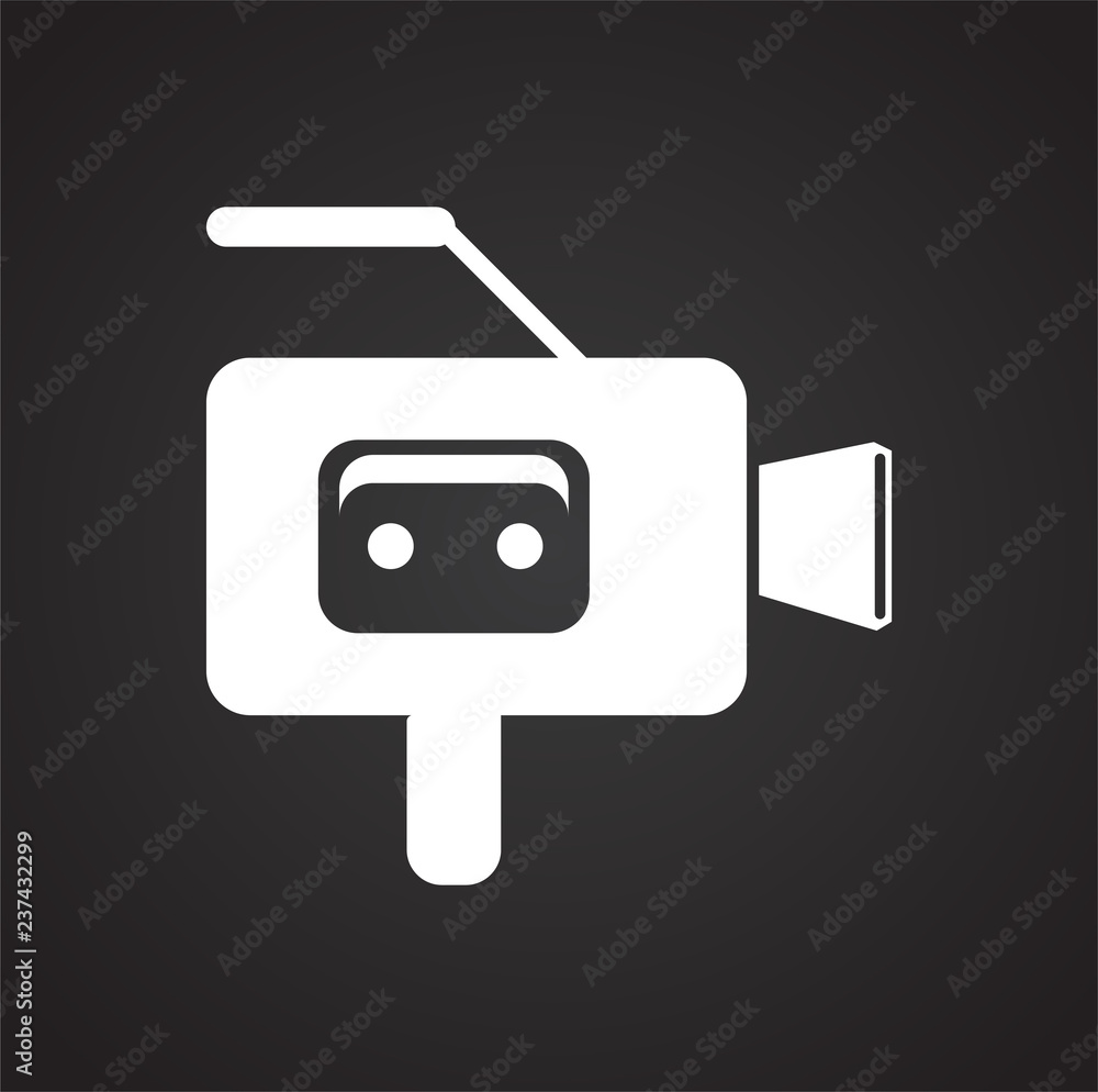 Poster cassete tape vide camera icon on black background for graphic and web design, modern simple vector s