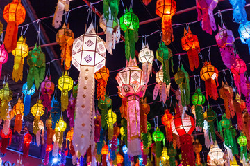 Beautiful Lanna lantern are northern thai style lanterns in Loi Krathong or Yi Peng Festival in Chiang Mai, Thailand.