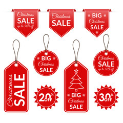 Christmas sale tag, label, badge, ribbon set. Discount text for Xmas holidays. Price off signs. Vector illustration.