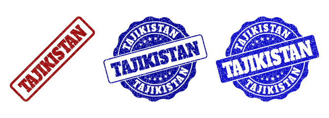 TAJIKISTAN scratched stamp seals in red and blue colors. Vector TAJIKISTAN marks with draft effect. Graphic elements are rounded rectangles, rosettes, circles and text tags.