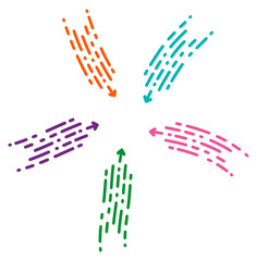  olored dotted arrows showing in the center. Move to the center of the illustration. Set arrow in a modern style. Dinamic line isolated on white background. 