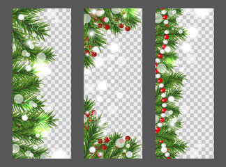 Collection Christmas and New Year vertical banner with border or garland of Christmas tree branches, holly berries and beads on transparent background. Holidays decoration. Vector