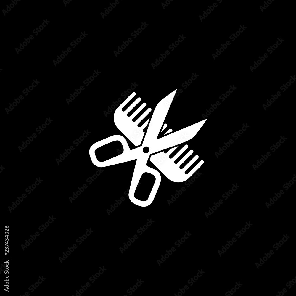 Poster comb and scissors icon or logo on dark background