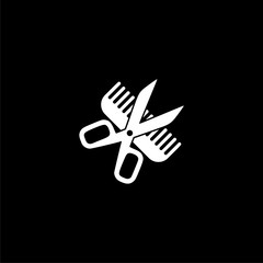Comb and scissors icon or logo on dark background