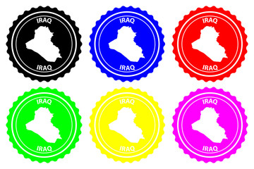 Iraq - rubber stamp - vector, Republic of Iraq map pattern - sticker - black, blue, green, yellow, purple and red