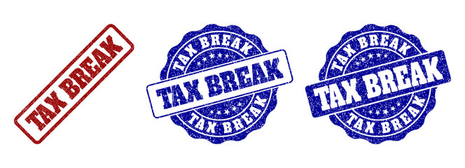 TAX BREAK grunge stamp seals in red and blue colors. Vector TAX BREAK signs with grunge surface. Graphic elements are rounded rectangles, rosettes, circles and text tags.