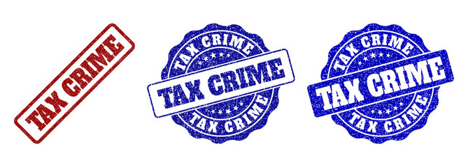 TAX CRIME scratched stamp seals in red and blue colors. Vector TAX CRIME labels with distress texture. Graphic elements are rounded rectangles, rosettes, circles and text labels.