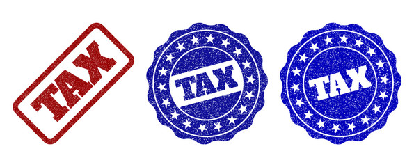 TAX scratched stamp seals in red and blue colors. Vector TAX labels with distress style. Graphic elements are rounded rectangles, rosettes, circles and text labels.