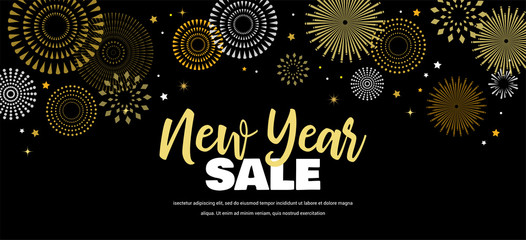 Sale banner background for New Year shopping sale. Happy New year sale lettering on sky full of gold fireworks. Design with for web online store or shop promo offer