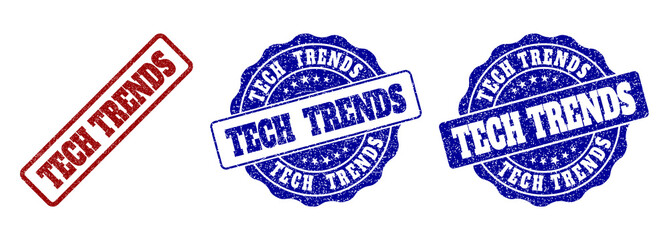 TECH TRENDS grunge stamp seals in red and blue colors. Vector TECH TRENDS labels with draft effect. Graphic elements are rounded rectangles, rosettes, circles and text labels.
