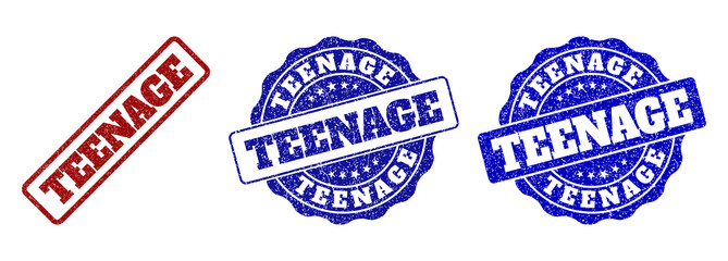 TEENAGE grunge stamp seals in red and blue colors. Vector TEENAGE labels with grunge style. Graphic elements are rounded rectangles, rosettes, circles and text captions.