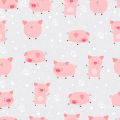 Seamless pattern cheerful cute little cute pigs in snow. Cartoon animal vector illustration.