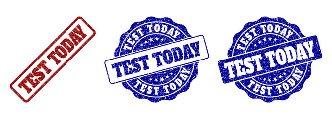 TEST TODAY grunge stamp seals in red and blue colors. Vector TEST TODAY marks with grunge texture. Graphic elements are rounded rectangles, rosettes, circles and text titles.
