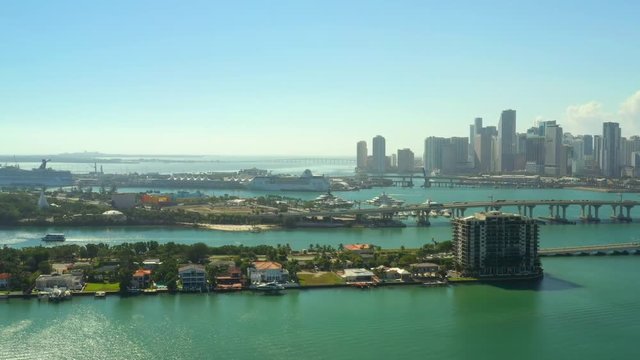 Aerials Miami Venetian Islands view Downtown port harbor