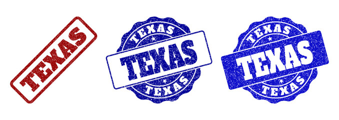 TEXAS scratched stamp seals in red and blue colors. Vector TEXAS labels with grainy style. Graphic elements are rounded rectangles, rosettes, circles and text labels.