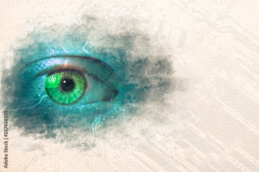 Wall mural stylized by watercolor sketch painting on a textured paper of data eye with technical background. on